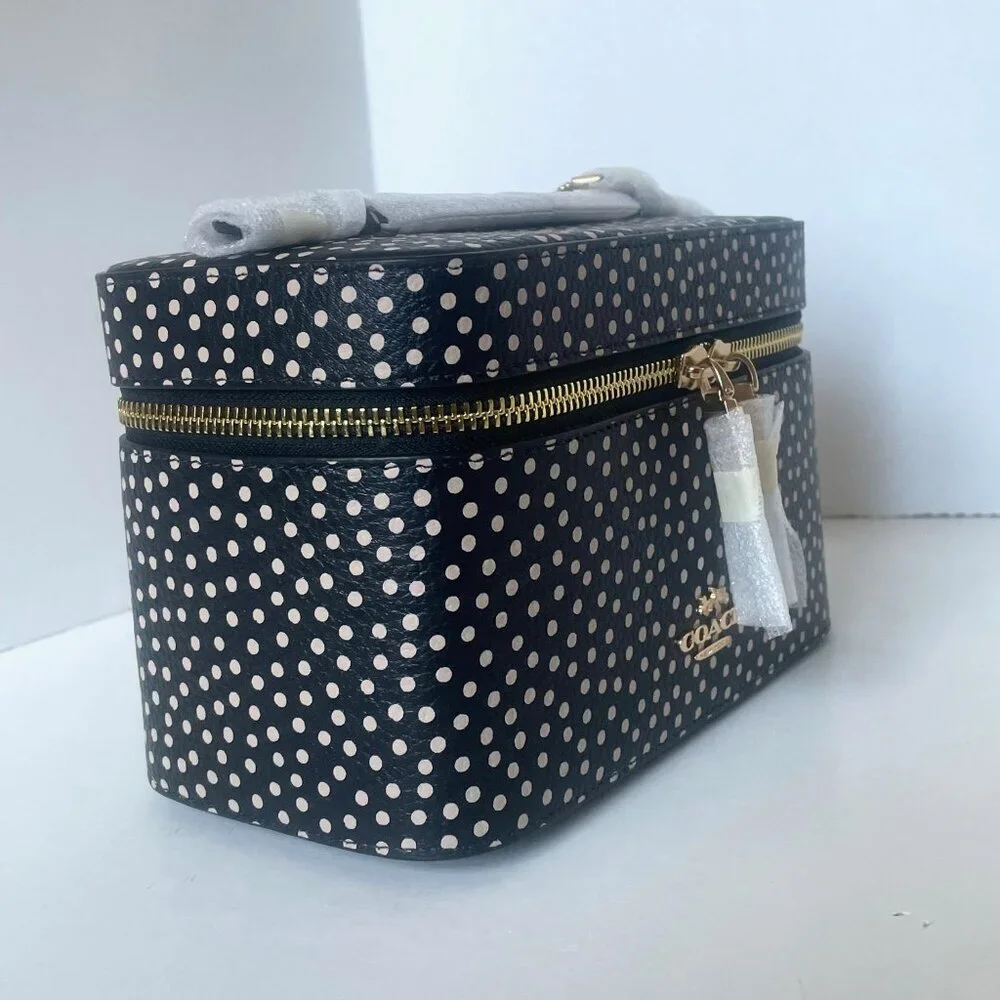 Coach Cosmetic Case CCF44 Black Leather Polka Dot Large Zip Pouch